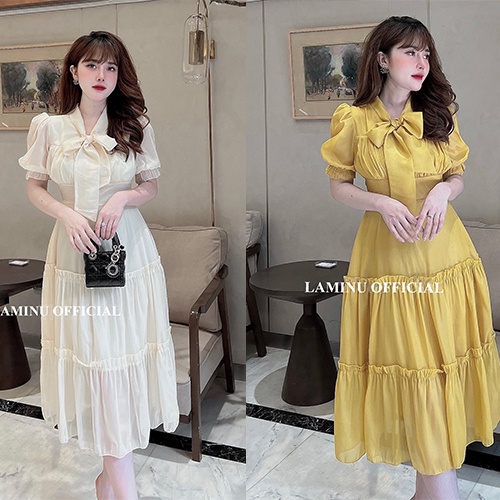 Váy tiểu thư dáng dài xếp tâng LAMINU, váy xòe tầng cách điệu, voan tằm 2 lớp mỏng nhẹ
