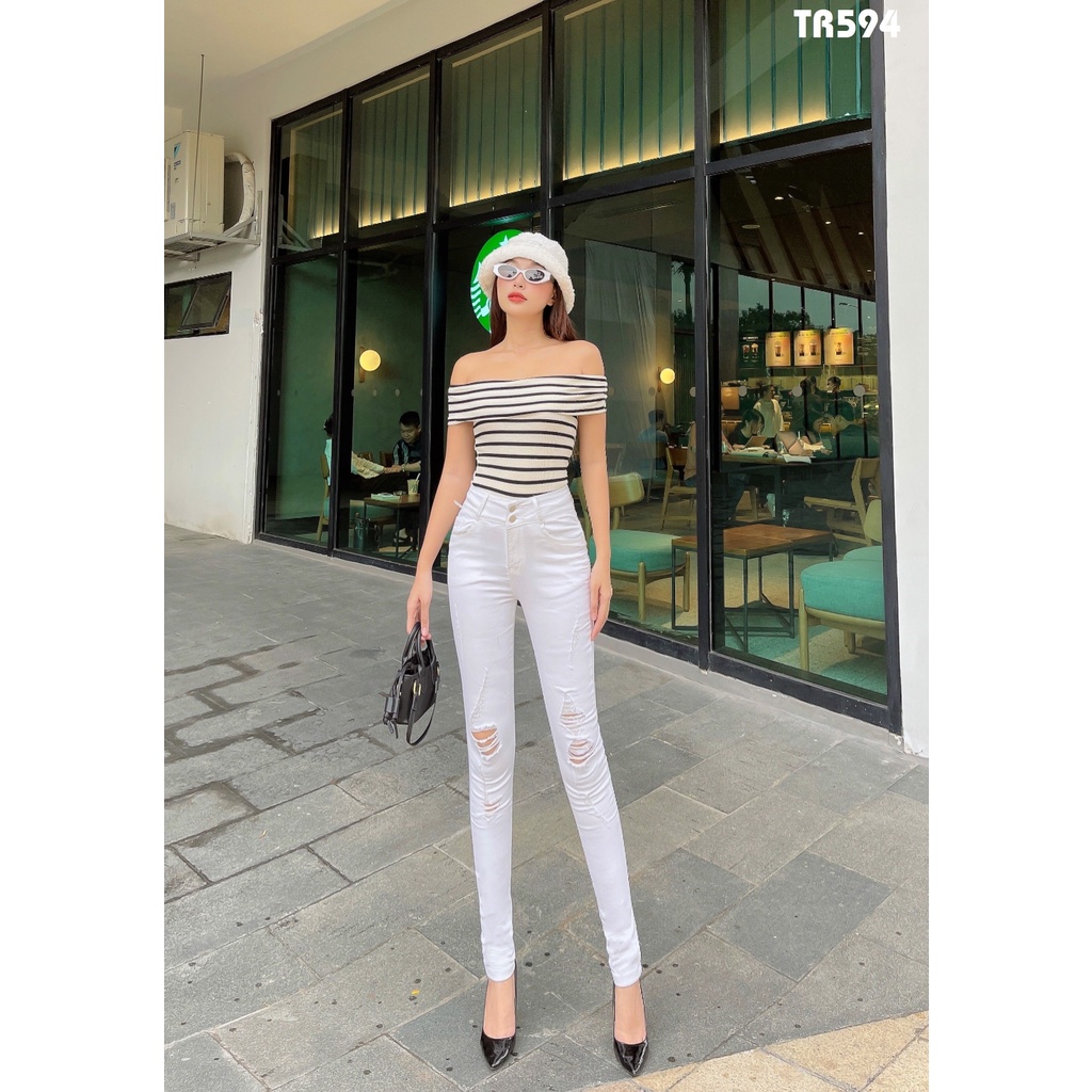 Quần jean nữ lưng cao 2 nút trắng co giãn dày dặn Tr594