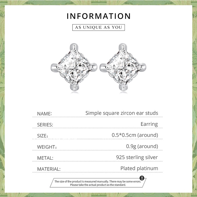 Bông tai BAMOER bằng bạc 925 hình vuông đính đá zircon thời trang