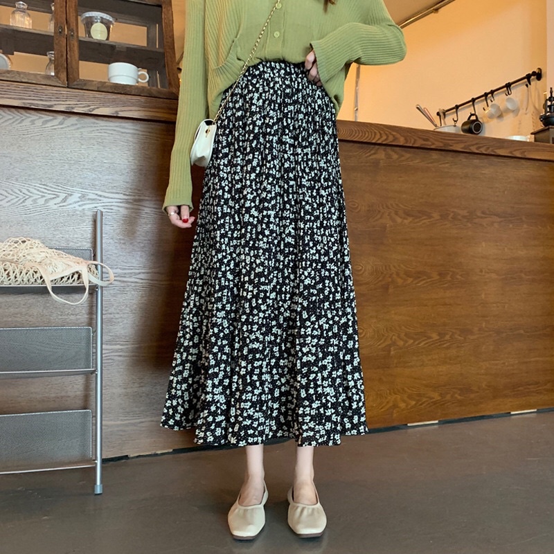 Chân váy hoa nhí dập li nhỏ có lót trong - Chân váy dài xoè chiffon hoa nhí ulzzang LUMII