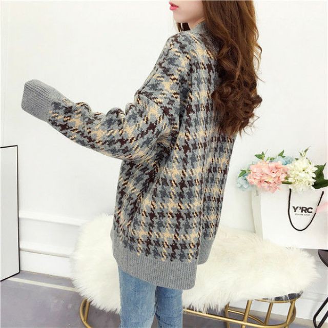 Áo khoác len cardigan thu đông họa tiết houndstooth | BigBuy360 - bigbuy360.vn