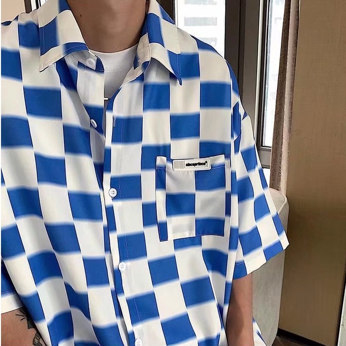 Áo Sơ Mi Caro Tay Ngắn Màu Trắng Đen Phong Cách Hàn Quốc Thời Trang Cho Nam
