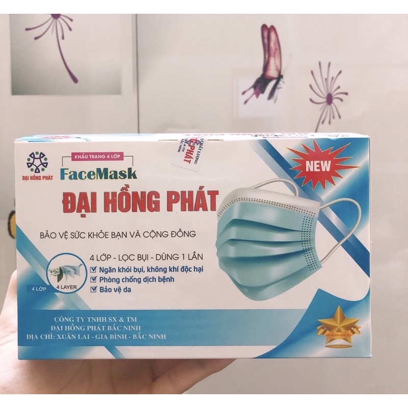 Khẩu trang y tế 4 lớp - khẩu trang Đại Hồng Phát (mua 3 hộp giảm 10%) hàng công ty, hộp 50 chiếc màu xanh, xám, trắng