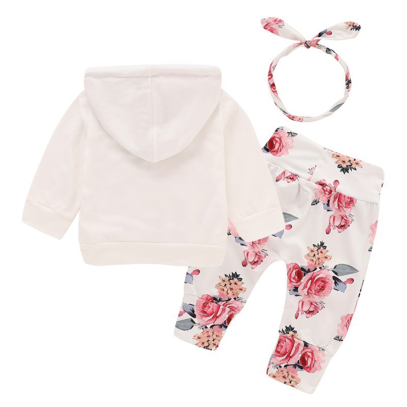 Set áo hoodie + quần dài + băng đô in hoa lá cho bé gái