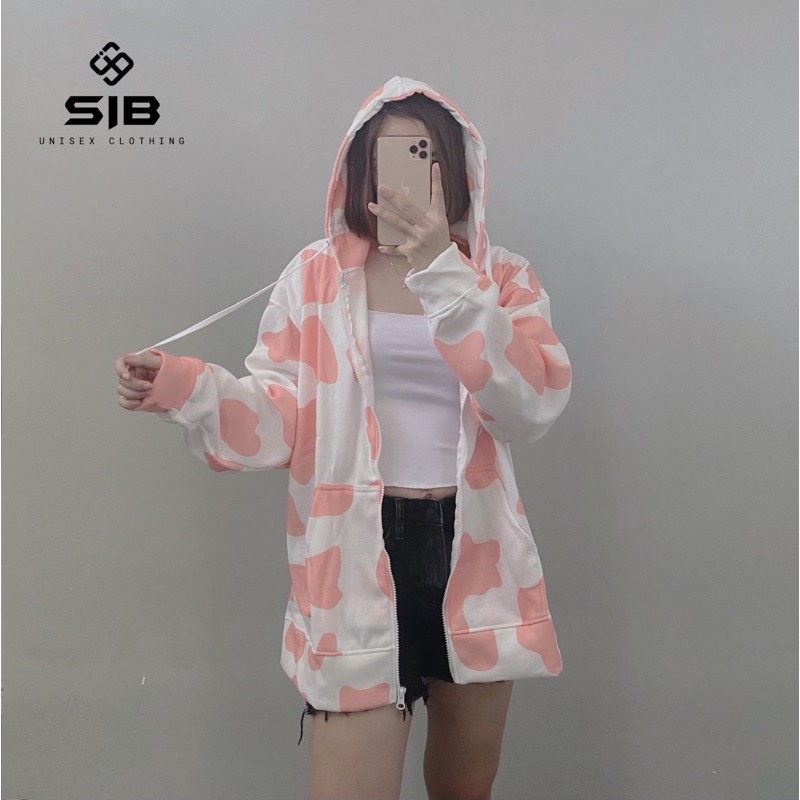 Áo hoodie zip khoá kéo áo khoác nỉ form rộng hoạ tiết bò sữa SIB038