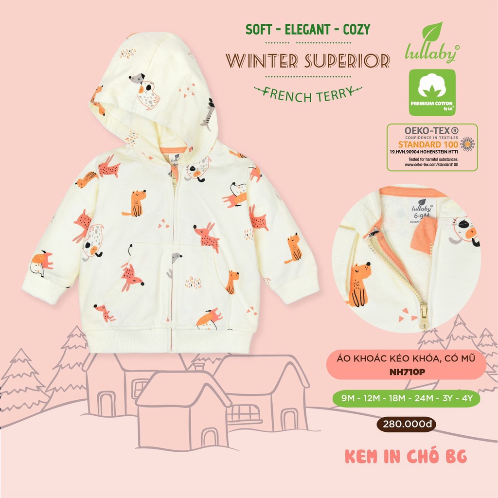 Áo khoác Lullaby Premium Cotton cao cấp có mũ kéo khóa in vườn thú mềm mịn thấm hút tốt cho bé trai bé gái NH710P