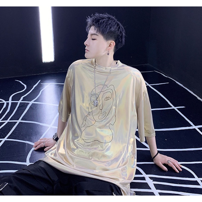 Áo Thun Tay Ngắn Cổ Tròn Đính Kim Sa Phản Quang Phong Cách Hàn Quốc Thời Trang Mùa Hè Cho Nam Giới 5 Màu Lựa Chọn