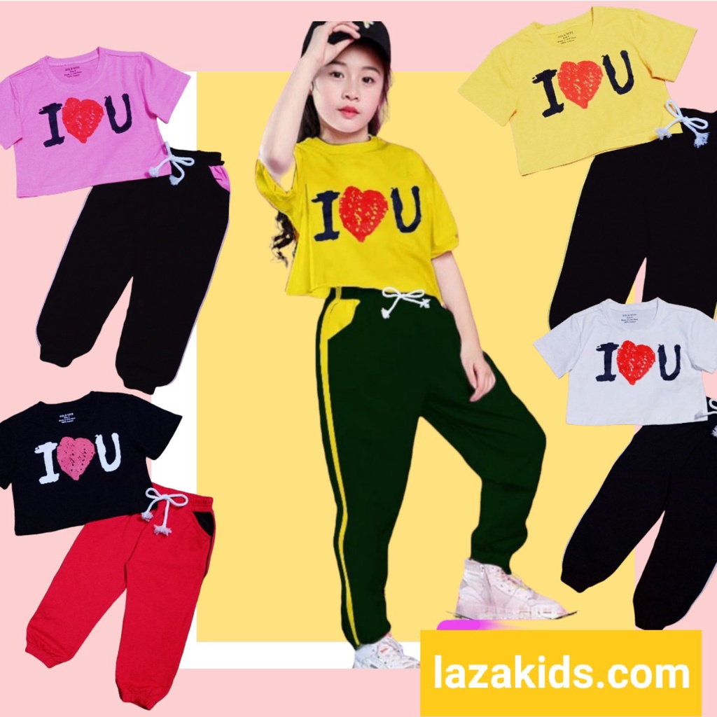 Set đồ bé gái sành điệu quần áo trẻ em bé gái 5 14 tuổi Hàn Quốc I Love You quần thể thao kèm áo Croptop