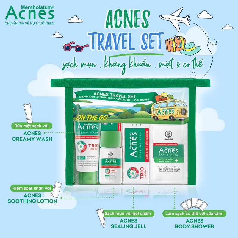 BỘ 4 SẢN PHẨM SẠCH MỤN - KHÁNG KHUẨN CHO DA MẶT VÀ CƠ THỂ ACNES (Anes Travel Set)