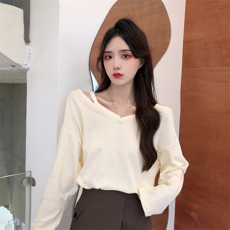 ZHELIHANGFEI Áo Thun Tay Dài Cổ Chữ V Form Rộng Kiểu Dáng Đơn Giản Dễ Phối Đồ