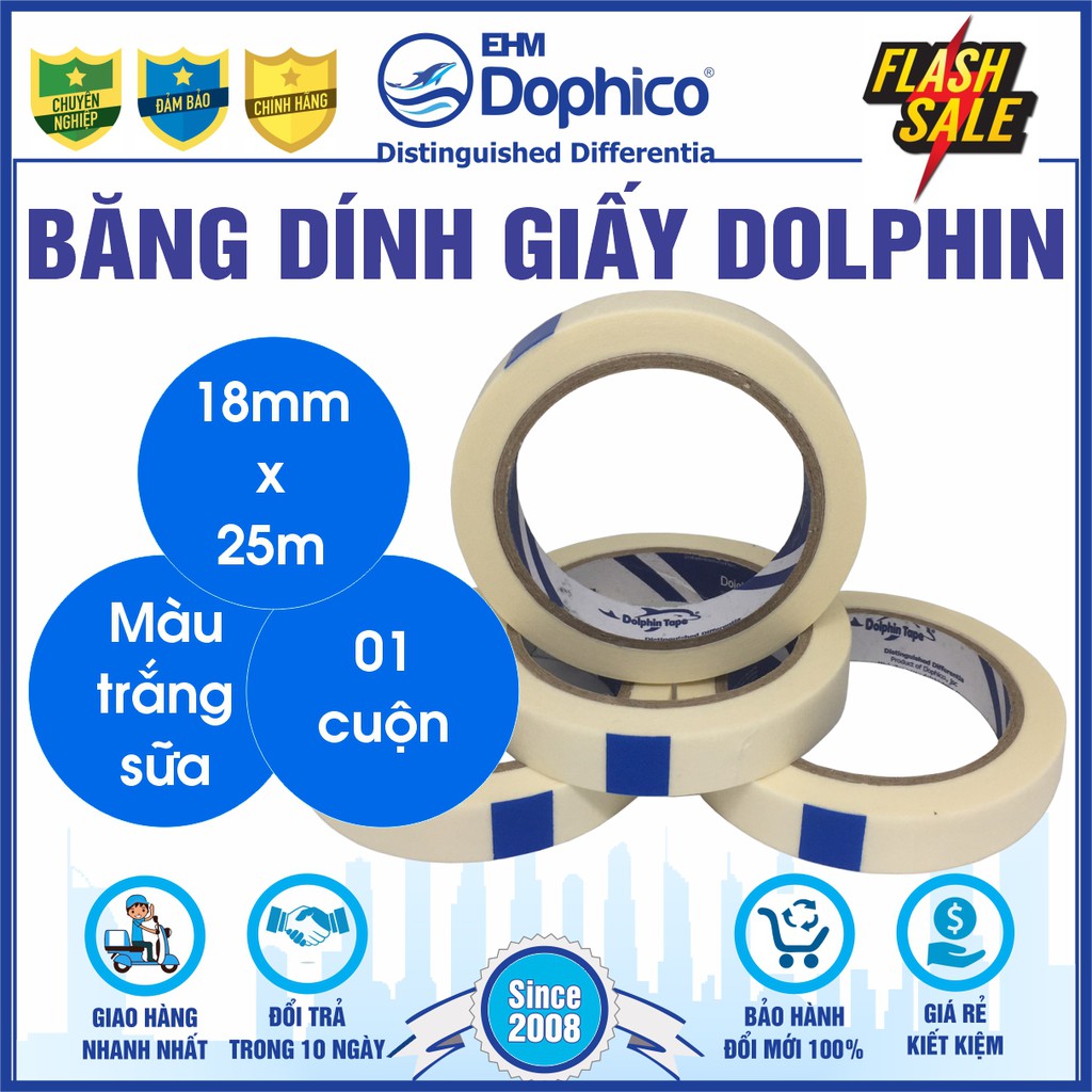 Băng dính giấy Dolphin (18mm*25Y) dùng dán viết ghi chú, kẻ chỉ sơn tường, cố định tranh vẽ, chặn màu nước