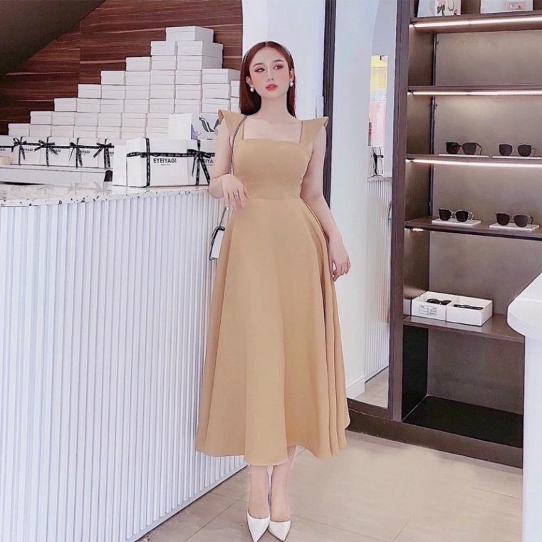 X2 Đầm dáng xòe công chúa màu kem form dài tay nhí chất for cánh tiên cổ vuông dự tiệc đám cưới thanh lịch