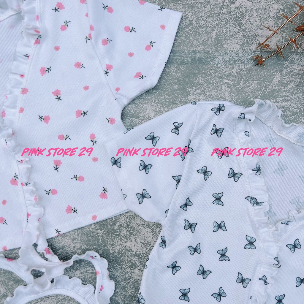 Áo Croptop Cổ V Body Tay Ngắn Viền Bèo Đan Nơ Eo In Họa Tiết Hoa Và Bướm A5234