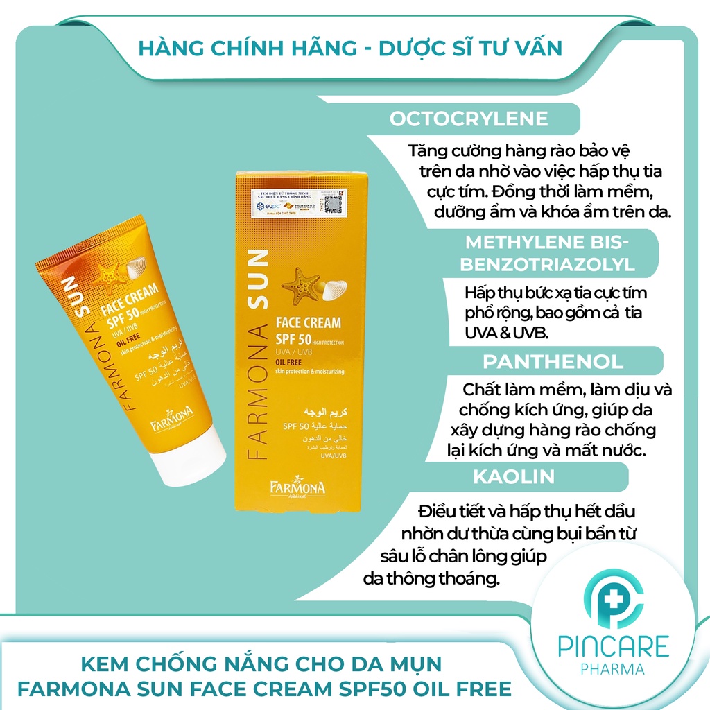 Kem chống nắng cho da mụn Farmona Sun Face Cream SPF50 Oil Free 50ml - Hàng chính hãng - Nhà thuốc PinCare