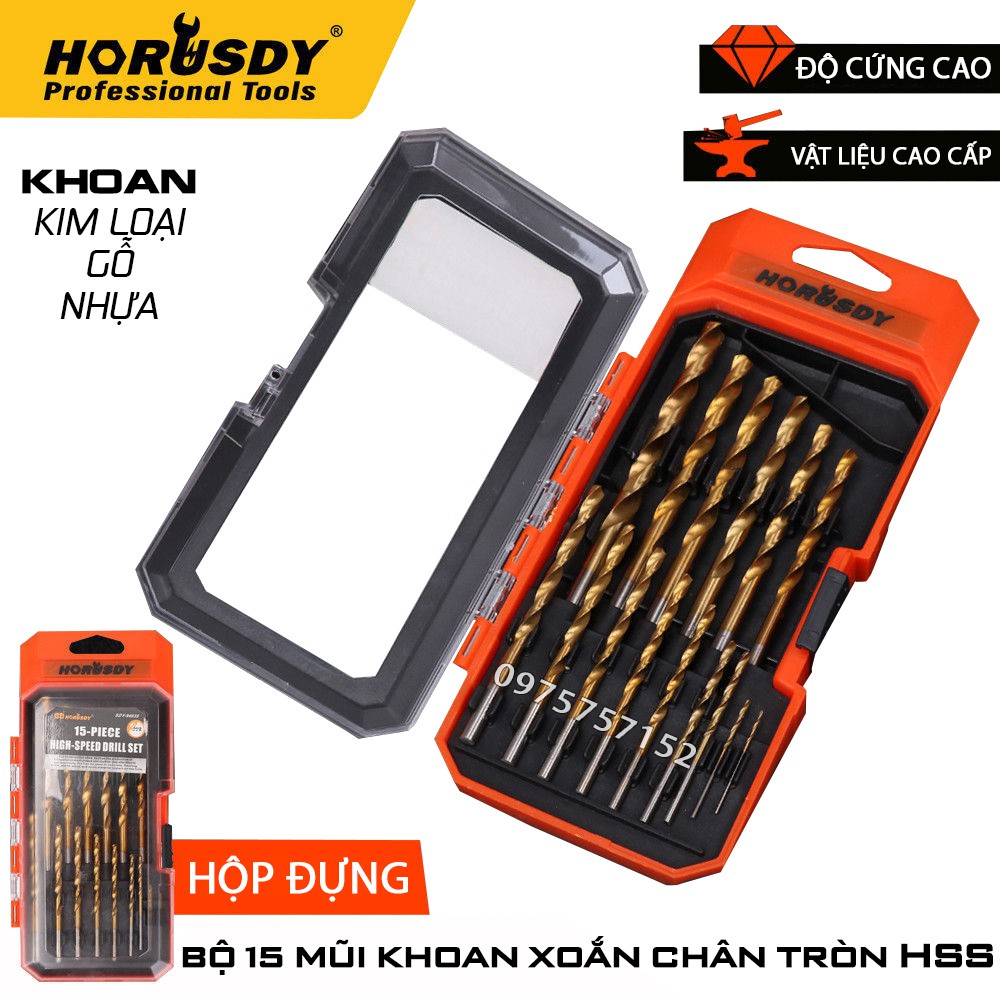 Bộ 15 mũi khoan xoắn chân tròn HORUSDY Australia chất liệu HSS chuyên dụng khoan sắt, thép, gỗ, nhựa, INOX mỏng