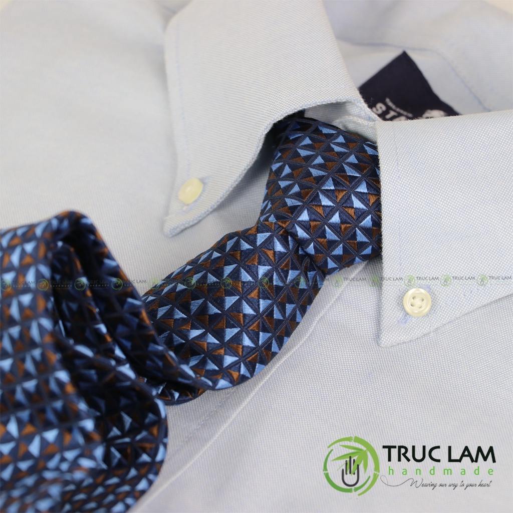 Cà Vạt Lụa 8cm Cho Nam Cao Cấp Họa Tiết Hình Khối Nâu Xanh Sang Trọng MS5 - Trúc Lâm Handmade