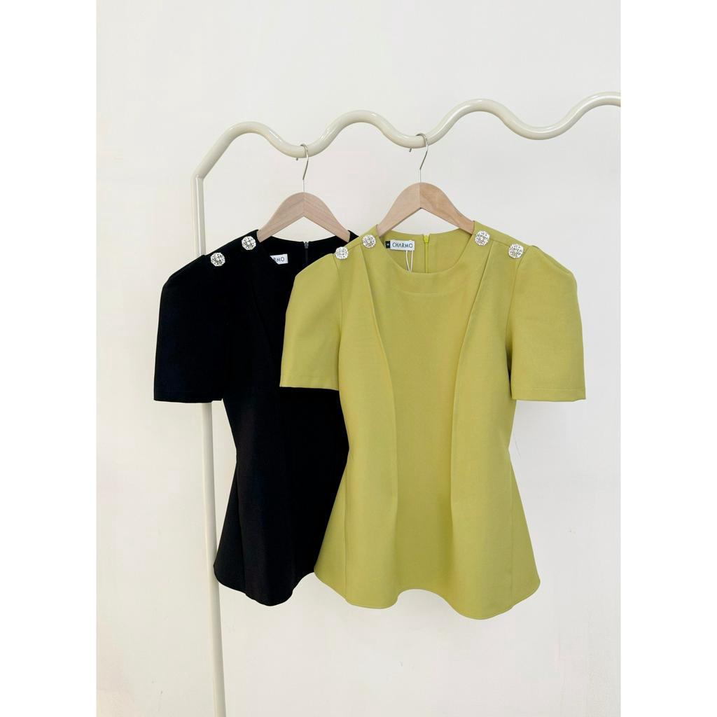 Áo cổ tròn CHARMO đính hạt trên vai form peplum ôm eo công sở thanh lịch Button Line Top