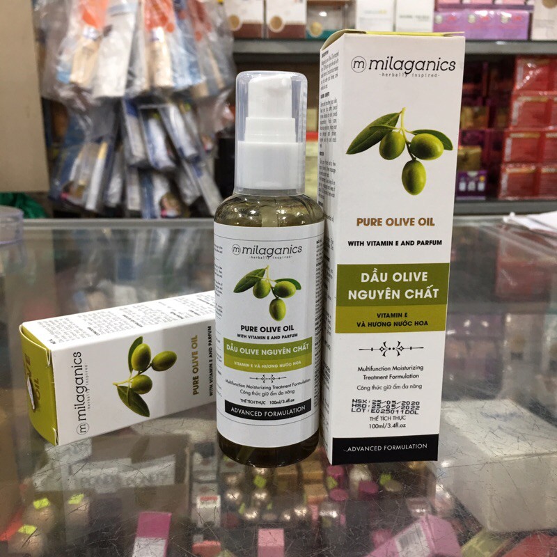 Dầu olive nguyên chất Milaganics 100ml vitamin E và hương nước hoa