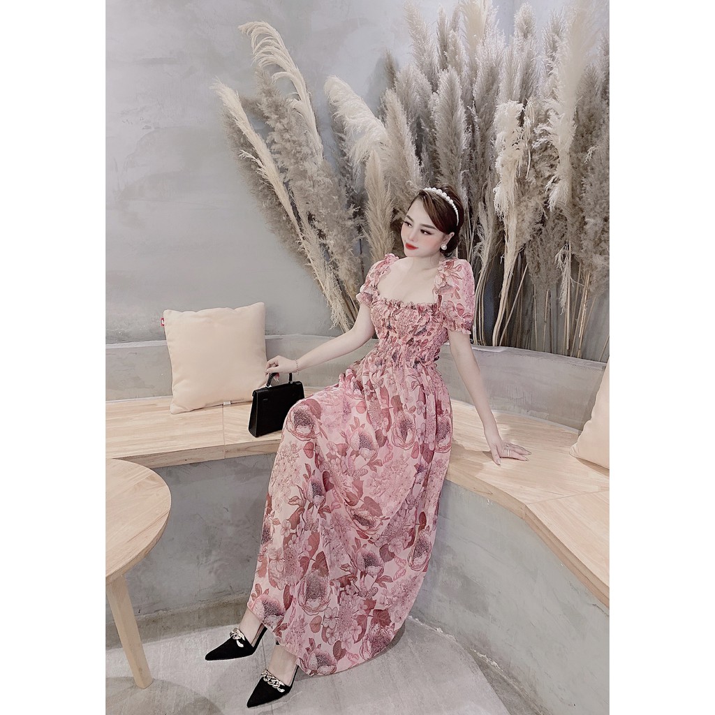 Đầm Maxi Hoa Cổ Vuông, Tay Ngắn Phồng, Nhún Ngực Chun Eo Ren Bèo, Dán suông (ECH012) - Vải Voan - 3 Màu Xanh, Hồng, Nude | BigBuy360 - bigbuy360.vn