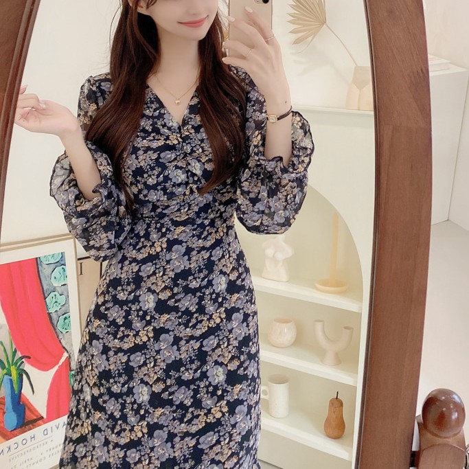 Đầm voan hoa tay dài cổ chữ V xinh xắn cho nữ 36889