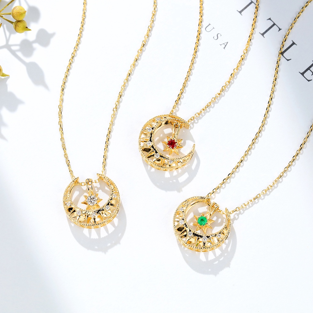 Vòng cổ Mạ Vàng 18K Mặt Hình Trăng Sao Đính Đá Ruby Màu Vàng Đa Năng-JHS2-P