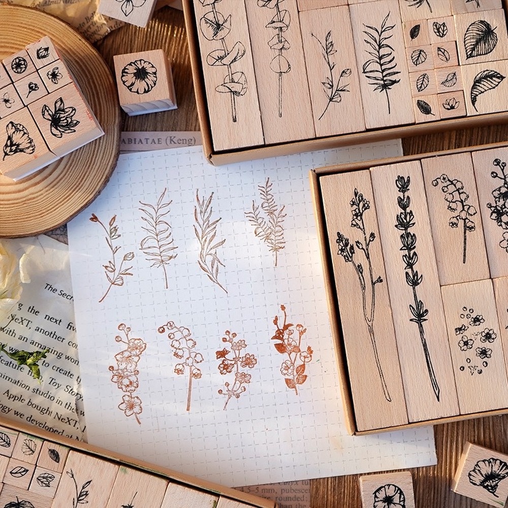Set 22 Con Dấu Bằng Gỗ Họa Tiết Hoa Lá Trang Trí Thủ Công DIY