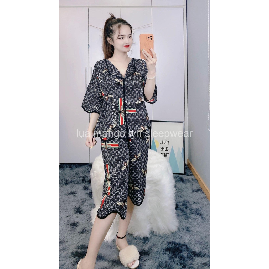 (ẢNH TỰ CHỤP) Bộ Pyjama bigsize ong nâu lửng mặc nhà giá rẻ chất lụa Mango ko nhăn dành cho nữ, bà bầu 60 - 90kg