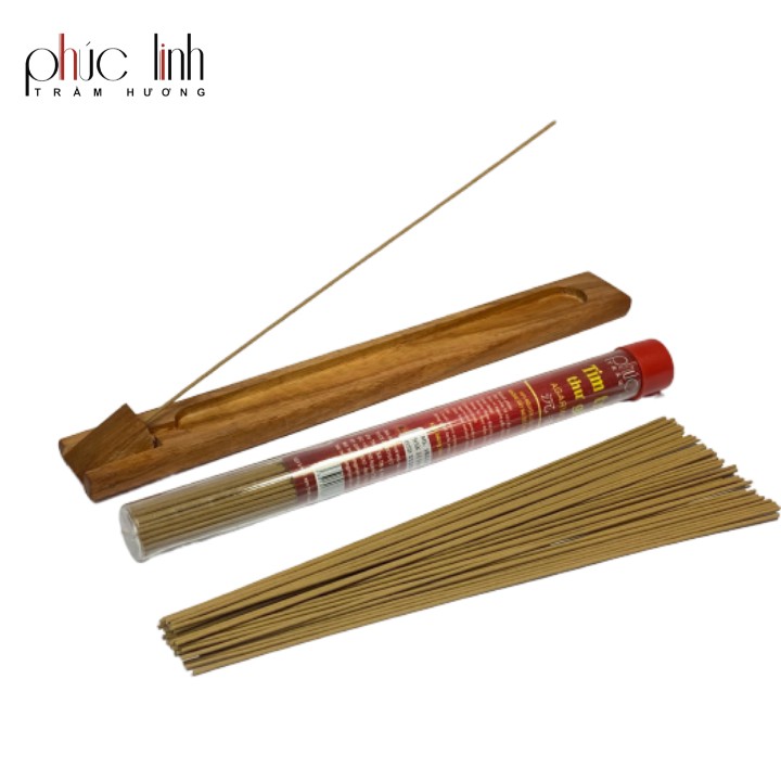 Nhang Trầm Không Tăm_Nắp Đỏ Tặng Phụ Kiện Máng Gỗ Đốt_Ống 20gr_20cm_80que_Trầm Hương Phúc Linh, Cam Kết Không Hóa Chất
