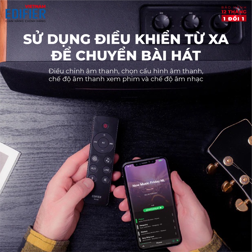 Loa Bluetooth 5.0 EDIFIER D12 Vỏ gỗ chống dội âm - Hỗ trợ AUX âm thanh nổi Stereo - Kèm remote điều khiển