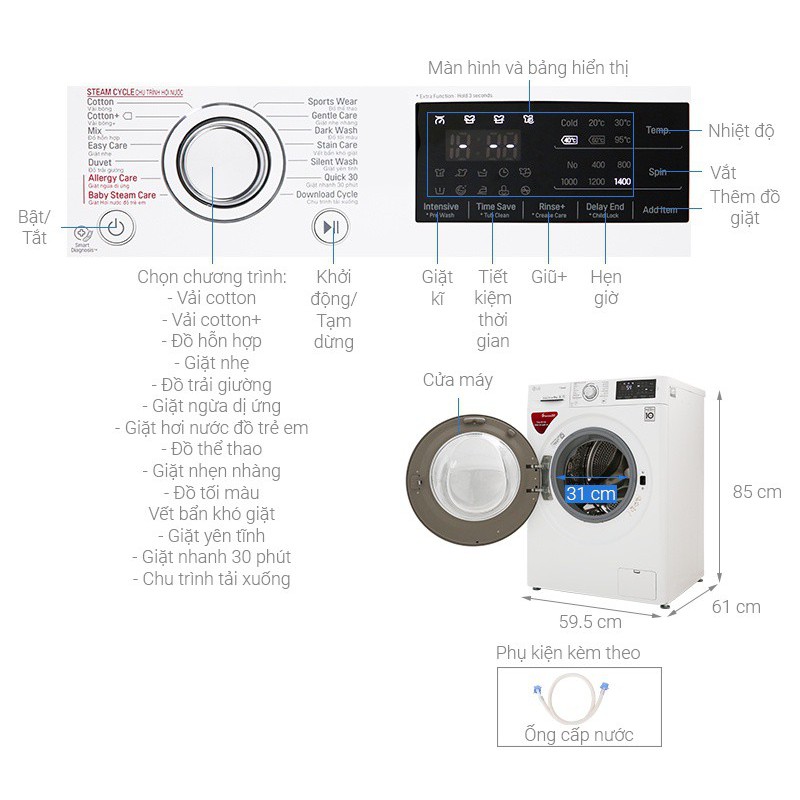 Máy giặt 9kg LG Inverter FC1409S4W LỒNG NGANG