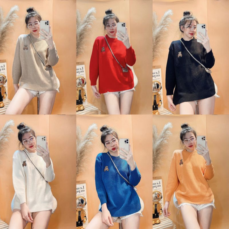Áo Len Nữ Ms.7911 Áo Len Trơn Thêu Họa Tiết Gấu Xinh Sắn, Dáng Dấu Quần, Chất Len Dày Ấm