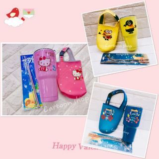 Set ly giữ nhiệt Doraemon/ Hellokitty/ Stitch/ Totoro/ Minions dung tích 700ml; bộ 2 ống hút sắt, cọ rửa; túi vải
