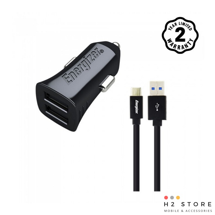 Sạc Ô Tô Energizer 2.4A 2USB + Kèm cáp USB Type-C 2.0 - DCA2BHC23