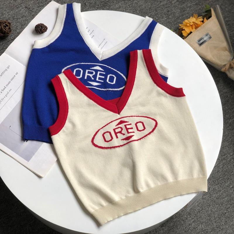 Áo tank top dệt kim cổ chữ v in chữ phối màu tương phản quyến rũ cho nữ