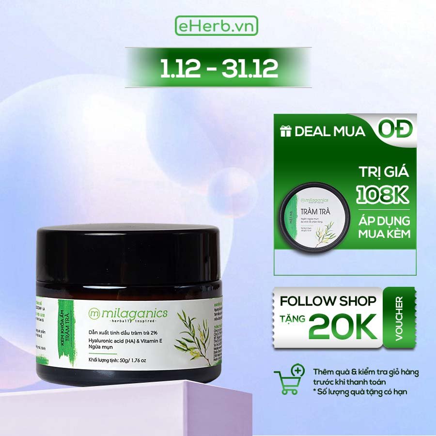 Kem Dưỡng Ẩm Cho Da Mụn Tràm Trà Tea Tree Ngăn Ngừa Mụn Viêm & Khóa Ẩm, Tránh Mất Nước MILAGANICS 50gr (Hũ)