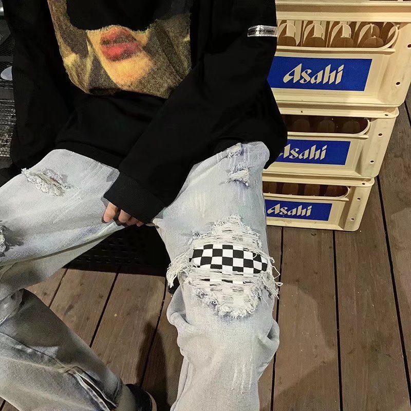 Quần jean nam rách chất vải bò jean baggy nam dáng suông kẻ sọc in lỏng quần tây nam đơn giản khâu quần jean đôi thời trang