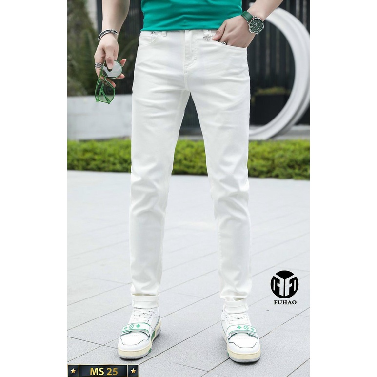 Quần jean nam co giãn 4 chiều, quần bò TRẮNG trơn dáng ôm chất vải cao cấp CAROLLSTORE MS25