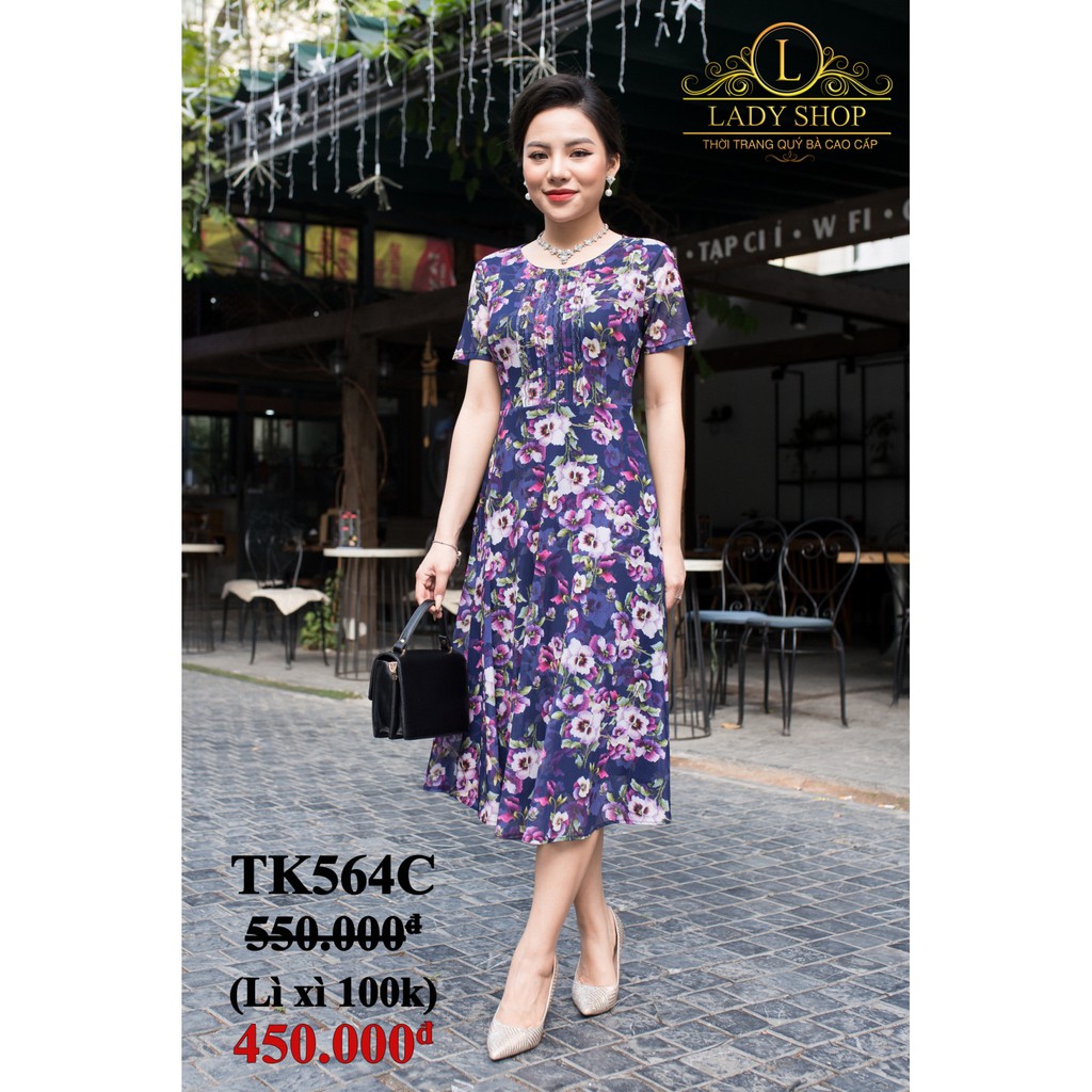 Đầm trung niên đầm Quý bà cao cấp Ladyshop Đầm xòe thun lưới ngực xếp ly dập đá pha lê TK564