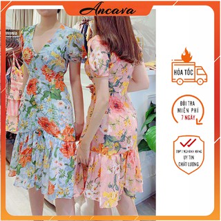 Váy hoa đuôi cá 2 lớp - cúc bọc cổ v