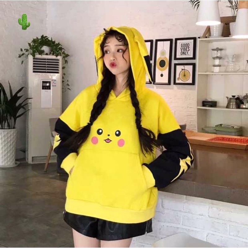 🌵Áo hoodie pikachu vàng phối đen quá cute ( áo khoác nỉ bông) | BigBuy360 - bigbuy360.vn