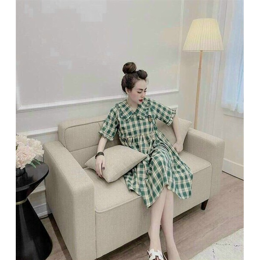 (FreeShip 2022) Đầm nữ from babydoll,đầm caro cổ bèo dễ thương,tone màu xanh hottren tôn da,diện đi đâu cũng xinh