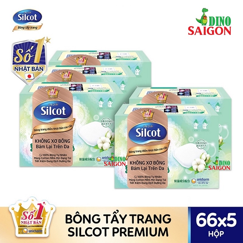 Combo 5 hộp Bông tẩy trang (bông trang điểm) cao cấp Silcot Premium 66 miếng/hộp