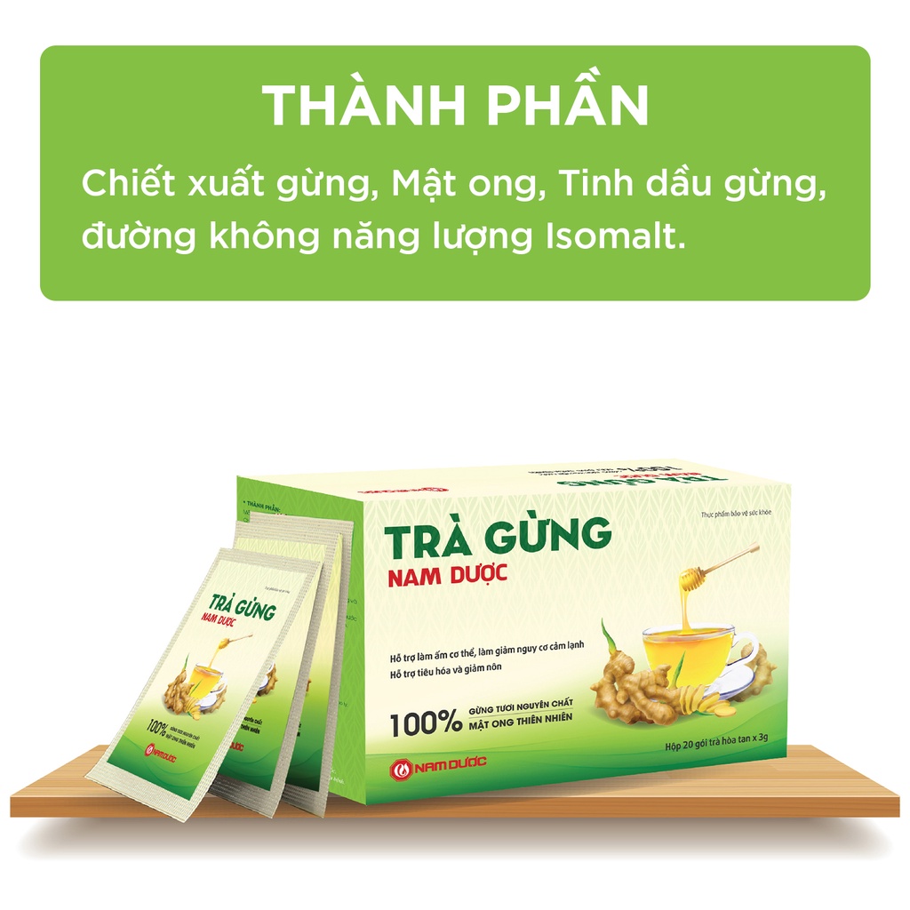 Trà gừng Nam Dược hộp 20 gói x 3g làm ấm cơ thể, giảm nguy cơ cảm lạnh, hỗ trợ tiêu hóa và giảm nôn