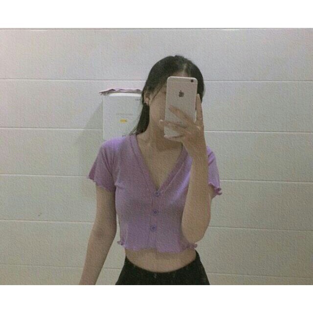 FS 0Đ_Áo croptop thun tăm cúc cài cổ V viền bánh bèo HOT