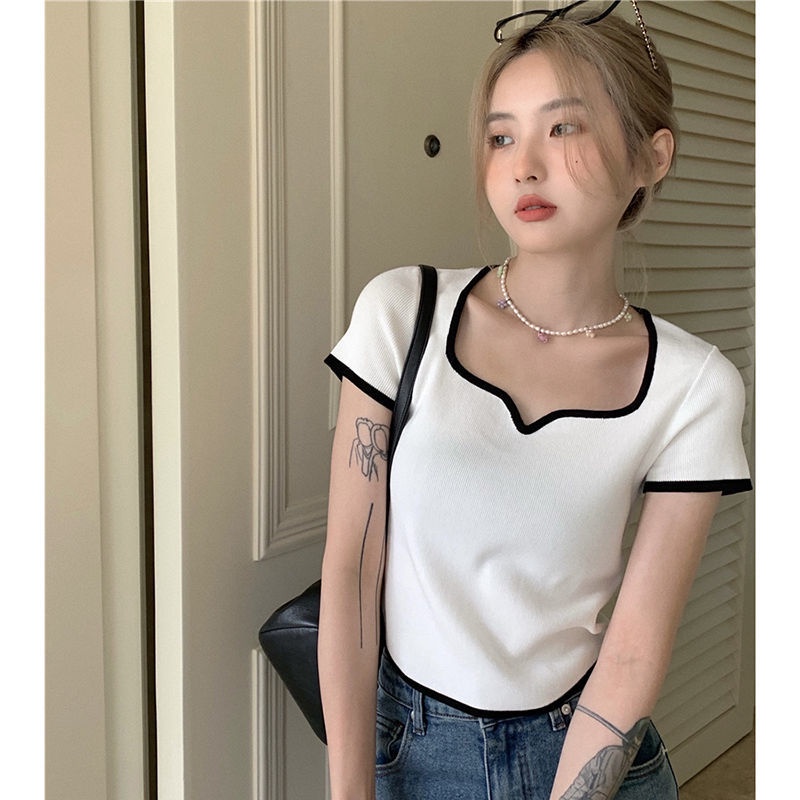 COZOK Áo Thun Dệt Kim Tay Ngắn Dáng Ôm Cổ Vuông Thời Trang