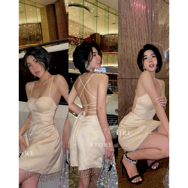 Đầm phi ngắn cúp ngực 2 dây đan lưng phối tua rua đá. Đen trắng đỏ nude. Đầm váy đi chơi dạo phố dự tiệc sang trọng sexy