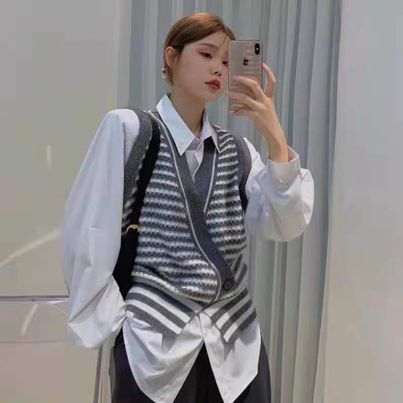 Áo khoác cardigan dệt kim không tay phối hàng nút họa tiết kẻ sọc phong cách retro Hàn quốc