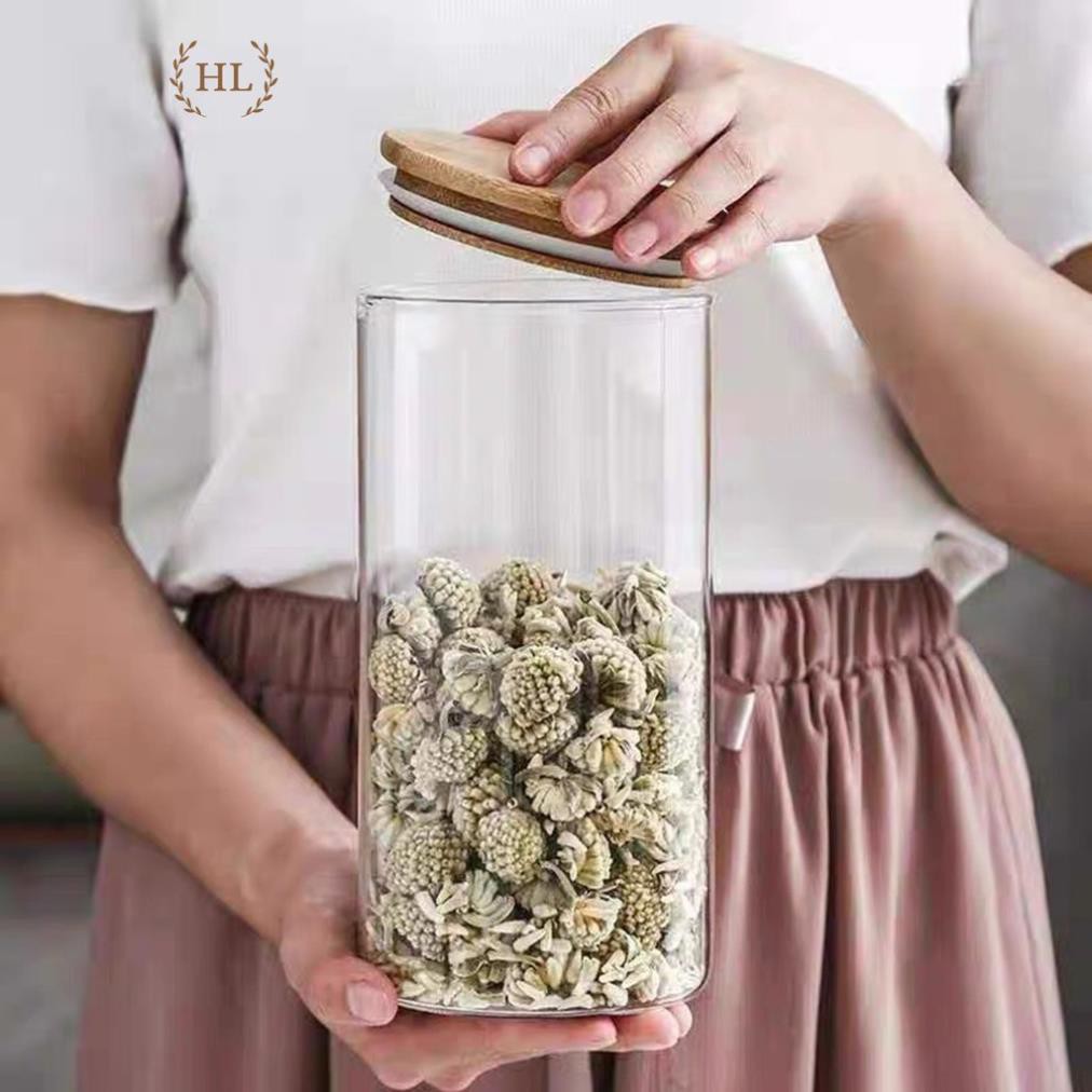Hũ Thủy Tinh Chịu Nhiệt, Chống Tràn Đựng Bánh Kẹo Và Gia Vị Trang Trí Dung Tích 1300ml | LỌ THỦY TINH NẮP GỖ TRE