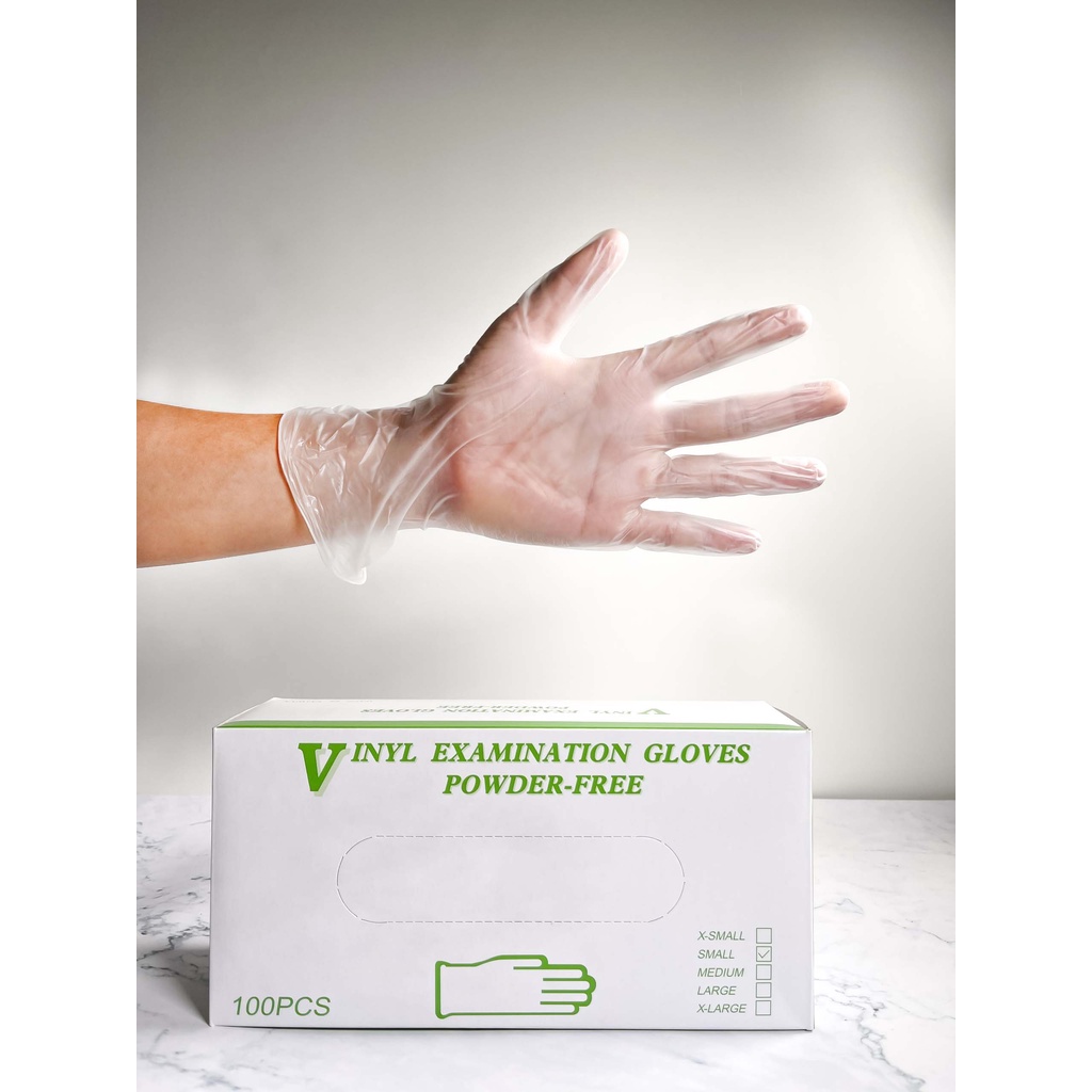 Găng tay Vinyl, không bột, làm bằng nhựa dẻo PVC, examination gloves, powder free (Hộp 100 chiếc)