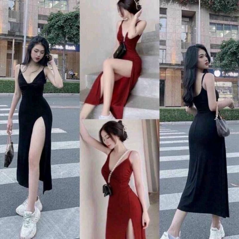 Đầm Thun Hai Dây Maxi Ôm Body - Thiết Kế Nơ Ngực Xẻ Tà Sexy | BigBuy360 - bigbuy360.vn